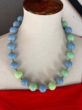 Blue & Mint Green Chunky Beaded Statement Necklace Gold Tone Shell Charm